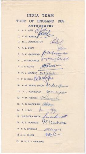 India team tour of England 1959&rsquo;. Official autograph sheet with printed title and players&rsquo; names. Fully and nicely signed in ink by all nineteen listed members of the India touring party with the exception of the manager Ghose. Signatures are Apte, Borde,