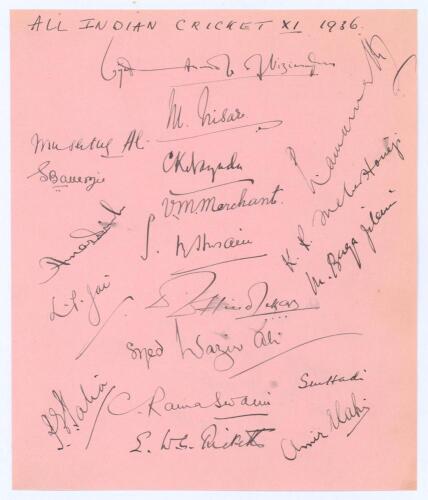 All Indian tour of England 1936. A large album page beautifully signed in ink by eighteen members of the Indian touring party to England in 1936 plus the manager E.W.C. Ricketts. Signatures include Maharajkumar of Vizianagram, Nayudu, Ramaswamy, Merchant,