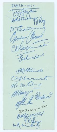 India tour to England 1952. Pair of joined album pages nicely signed in ink by seventeen playing members of the Indian touring party. Signatures are Hazare (Captain), Adhikari, Roy, Chowdury, Ghulam Ahmed, Gopinath, Ramchand, Shinde, Sarwate, Divecha, Umr
