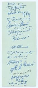 India tour to England 1952. Pair of joined album pages nicely signed in ink by seventeen playing members of the Indian touring party. Signatures are Hazare (Captain), Adhikari, Roy, Chowdury, Ghulam Ahmed, Gopinath, Ramchand, Shinde, Sarwate, Divecha, Umr