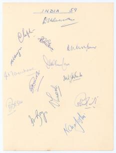All Indian tour of England 1959. Plain page of paper nicely signed in ink by fourteen members of the Indian touring party to England in 1959. Signatures include Gaekwad (Cpt), Roy, Desai, Tamhane, Nadkarni, Ahmed, Jaismha etc. Only lacking Manjrekar, Bord