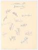 All Indian tour of England 1959. Plain page of paper nicely signed in ink by fourteen members of the Indian touring party to England in 1959. Signatures include Gaekwad (Cpt), Roy, Desai, Tamhane, Nadkarni, Ahmed, Jaismha etc. Only lacking Manjrekar, Bord