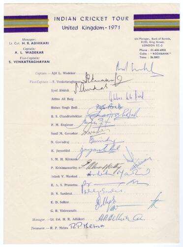 India tour of England 1971. Official autograph sheet with printed title and players&rsquo; names, fully signed in ink by all nineteen of the listed members of the touring party. Signatures are Wadekar (Cpt), Venkataraghavan, Abidali, Baig, Bedi, Chandrasekhar, 
