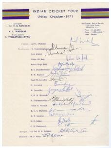 India tour of England 1971. Official autograph sheet with printed title and players&rsquo; names, fully signed in ink by all nineteen of the listed members of the touring party. Signatures are Wadekar (Cpt), Venkataraghavan, Abidali, Baig, Bedi, Chandrasekhar, 