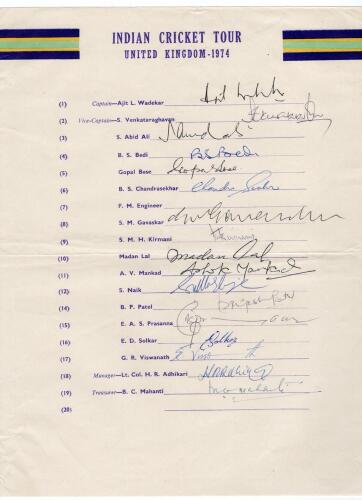 India tour of England 1974. Official autograph sheet with printed title and players&rsquo; names, nicely and fully signed in blue and black ink by eighteen listed members of the touring party. Players&rsquo; signatures are Wadekar (Cpt), Venkataraghavan, Abid Ali, Be