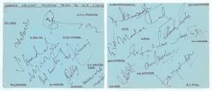 Indian tour of England 1974. Two large blue album pages nicely signed in ink by seventeen members of the Indian touring party to England in 1974 including the Manager. Signatures include Wadekar (Cpt), Prasanna, Venkat, Engineer, Bedi, Ali, Solkar, Mankad