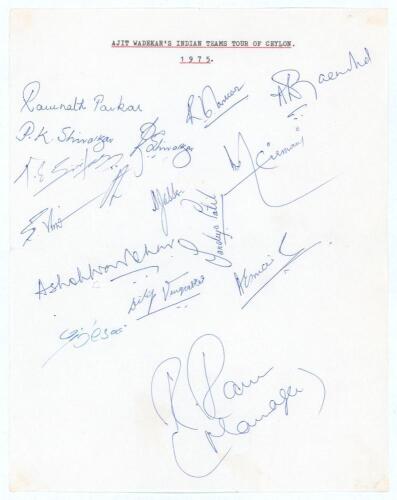 Ajit Wadekar&rsquo;s Indian Team tour of Ceylon 1975 headed sheet signed by the team. Fourteen signatures including the manager. Signatures include Viswanath, Ramnath Parkar, Desai, Sandeep Patil, Dilip Vengsarkar, Padmakar Shivalkar etc. Light folds, good