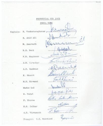 India 1975. Official autograph sheet for the Indian tour for the Prudential World Cup in England. Fully signed with fifteen signatures in ink including Venkat, Bedi, Engineer, Gavaskar, Madan Lal, Viswanath, Abid Ali, Gaekwad, Kirmani, Madan Lal, Sharma, 