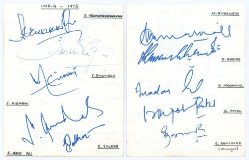 Indian tour of England (World Cup) 1975. Two plain album pages nicely signed in ink by all fifteen members of the Indian World Cup squad in 1975 including the Manager. Signatures include Venkat (Cpt), Amarnath, Patel, Sharma, Viswanath, Gavaskar, Bedi. Ga