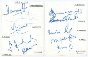 Indian tour of England (World Cup) 1975. Two plain album pages nicely signed in ink by all fifteen members of the Indian World Cup squad in 1975 including the Manager. Signatures include Venkat (Cpt), Amarnath, Patel, Sharma, Viswanath, Gavaskar, Bedi. Ga