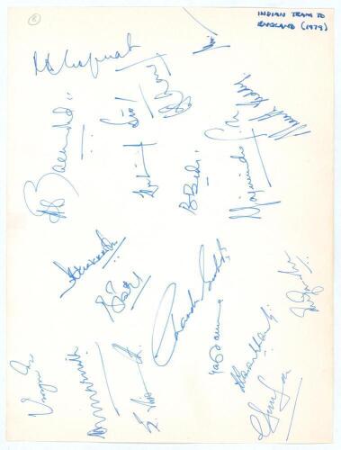 Indian tour of England 1979. Plain sheet of paper nicely signed in blue ink by seventeen members of the Indian team of 1979. Signatures include Venkat (Cpt), Bedi, Gavaskar, Reddy, Vishwanath, Kapil Dev, Vengsarkar, Ghavri etc. The signatures were collect