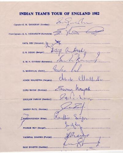 India tour to England 1982. Large official autograph sheet with printed title and players&rsquo; names, fully signed in ink by all eighteen members of the India touring party. Signatures are Gavaskar, (Captain), Vishwanath, Kapil Dev, Doshi, Kirmani, Madal Lal,