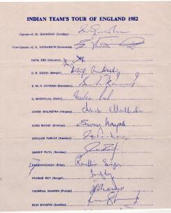 India tour to England 1982. Large official autograph sheet with printed title and players&rsquo; names, fully signed in ink by all eighteen members of the India touring party. Signatures are Gavaskar, (Captain), Vishwanath, Kapil Dev, Doshi, Kirmani, Madal Lal,
