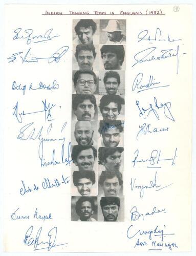 Indian tour of England 1982. Plain sheet of paper, with pen pictures of the players to centre and signed to their image by eighteen members of the touring party including the Assistant manager. Signatures include Gavaskar (Cpt), Kapil Dev, Viswanath, Dosh