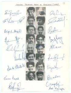 Indian tour of England 1982. Plain sheet of paper, with pen pictures of the players to centre and signed to their image by eighteen members of the touring party including the Assistant manager. Signatures include Gavaskar (Cpt), Kapil Dev, Viswanath, Dosh