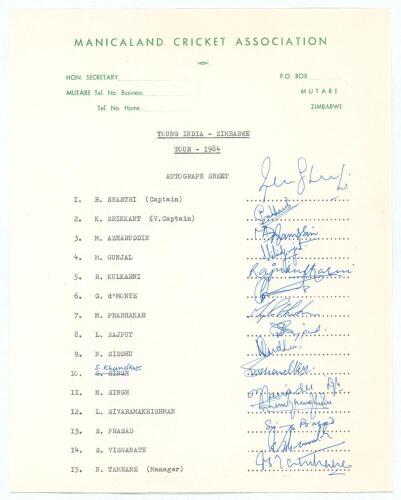 Young India tour of Zimbabwe 1984. Manicaland Cricket Association headed sheet signed by the Young Indian touring party. Fifteen signatures including Shastri (Cpt), Azharuddin, Prasad, Kulkarni, Prabhakar, Rajput, Siddhu, Viswanath etc. The sheet includes