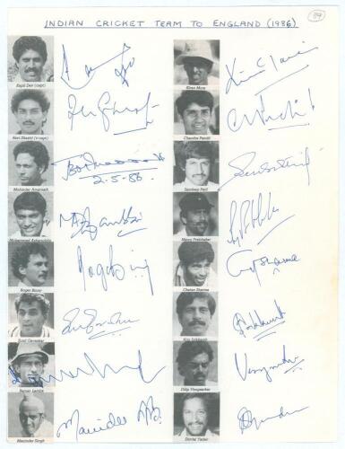 &lsquo;Indian cricket team to England 1986&rsquo;. Large plain sheet, with pen pictures of the players, nicely signed by the Indian team who toured in 1986. Fully signed in ink by the sixteen members including Kapil Dev (Captain), Shastri, Sharma, Vengsarkar, Amarnat