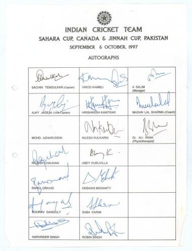 India tour to Sahara Cup, Canada and Jinnah Cup, Pakistan, September & October 1997. Rarer official autograph sheet with printed title and players&rsquo; names, signed in black and blue inks by sixteen listed members of the Indian touring party. Signatures incl