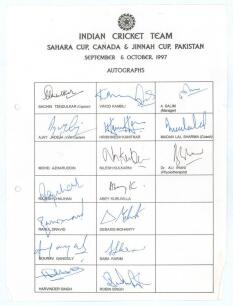 India tour to Sahara Cup, Canada and Jinnah Cup, Pakistan, September & October 1997. Rarer official autograph sheet with printed title and players&rsquo; names, signed in black and blue inks by sixteen listed members of the Indian touring party. Signatures incl