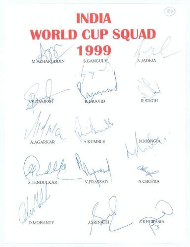 &lsquo;India World Cup Squad 1999&rsquo;. Plain sheet with printed title in red to top. Signed in ink by fifteen members of the Indian squad including Azharuddin (Cpt), Ganguly, Jadeja, Tendulkar, Dravid, Ganguly, Kumble, Mongia, Prasad, Ramesh etc. Good condition