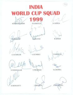 &lsquo;India World Cup Squad 1999&rsquo;. Plain sheet with printed title in red to top. Signed in ink by fifteen members of the Indian squad including Azharuddin (Cpt), Ganguly, Jadeja, Tendulkar, Dravid, Ganguly, Kumble, Mongia, Prasad, Ramesh etc. Good condition