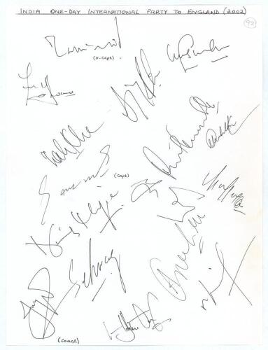 India One Day Squad to England 2002. Plain sheet with printed title to top. Signed in ink by fifteen members of the Indian squad including Ganguly (Cpt), Tendulkar, Dravid, Kumble, Jaffer, Sehwag, Singh etc. The signatures were collected in person by the 