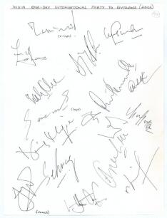 India One Day Squad to England 2002. Plain sheet with printed title to top. Signed in ink by fifteen members of the Indian squad including Ganguly (Cpt), Tendulkar, Dravid, Kumble, Jaffer, Sehwag, Singh etc. The signatures were collected in person by the 