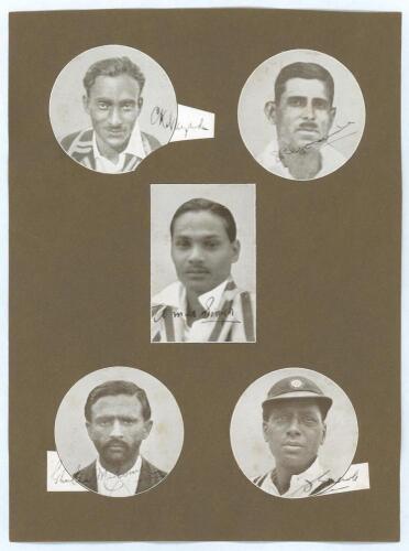 &lsquo;All India 1932&rsquo;. A piece of brown card upon which are laid five cameo style circular or oblong images of C.K. Nayuda, Shankarrao Godambe, Amar Singh, Ghulam Mohammad and Janardan Navle, all members of the 1932 team. Each signed by the player in black ink