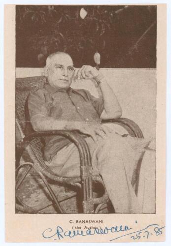 Cotah Ramaswami. India 1936. Picture of Ramaswami extracted from a book he wrote and nicely signed by him and dated July 1985. He played for India in two Tests against England in 1936 and managed post-war Indian teams. 4.25&rdquo;x6.25&rdquo;. Good condition