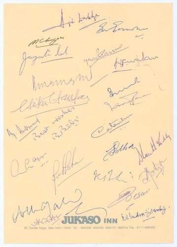 Indian autographs. &lsquo;Jukaso Inn, New Delhi&rsquo; headed paper signed by twenty three former Indian Test cricketers from 1933 to 21995. Signatures include Wadekar, Gavaskar, Lal, Bedi, Gopalan, Kapoor, Soilkar etc