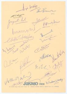Indian autographs. &lsquo;Jukaso Inn, New Delhi&rsquo; headed paper signed by twenty three former Indian Test cricketers from 1933 to 21995. Signatures include Wadekar, Gavaskar, Lal, Bedi, Gopalan, Kapoor, Soilkar etc