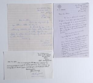 Indian Test cricketers. Three single page handwritten letters signed by Indian Test cricketers replying to requests for autographs from various correspondents. Signatures are Chandrakant Trimbak Patankar (one Test 1955/56) dated 2nd September 1980, Vasant