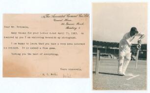 Rustomji Sheriyar &lsquo;Rusi&rsquo; Modi. Parsees, Bombay & India 1941-1953. Single page typed letter from Modi replying to a request in 1963 for a photograph of himself. The letter signed &lsquo;R.S. Modi&rsquo;. Enclosed is the accompanying photograph of Modi in batting pose,