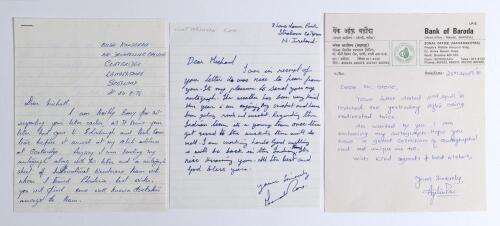 Indian Test cricketers. Three handwritten letters signed by Indian Test cricketers. Signatures are Budhisagar Krishnappa &lsquo;Budhi&rsquo; Kunderan (18 Tests 1959/60-1967) dated 24th August 1976, M.V. Narasimha &lsquo;Bobby&rsquo; Rao (four Tests 1978/79-1979/80) undated, and 