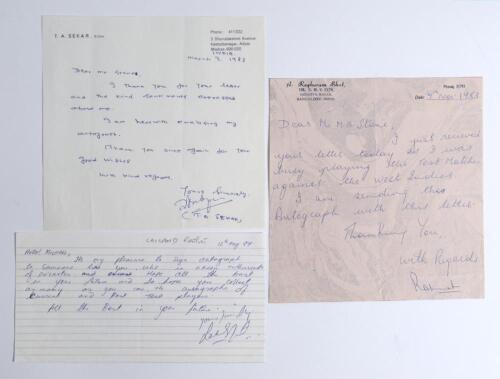 Indian Test cricketers. Three handwritten letters signed by Indian Test cricketers responding to requests for their autographs. Signatures are Thirumalai Ananthanpillai Sekar [Sekhar] (two Tests 1982/83) dated 3rd March 1983, Adwai Raghuram Bhat (two Test