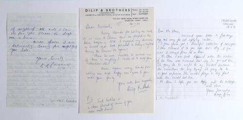 Indian Test cricketers. Three handwritten letters signed by Indian Test cricketers responding to requests for their autographs with some interesting cricket detail. Signatures are Dhiraj Devshibhai Parsana (two Tests 1978/79) dated 12th May 1981, Dilip Ra