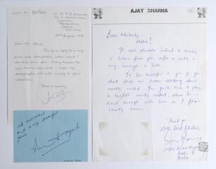 Indian Test cricketers. Three handwritten letters/ notes signed by Indian Test cricketers responding to requests for their autographs. Signatures are Ajay Kumar Sharma (one Test 1987/88) undated, Arshad Ayub (13 Tests 1987/88-1989/90) undated, and Aashish