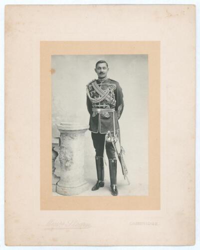Kumar Shri Ranjitsinhji. Cambridge University, Sussex, London County & England 1893-1920. Original mono studio portrait photograph of Ranji in younger years, standing full length wearing his formal uniform of an officer of the Patiala State Bodyguard. The