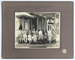Kumar Shri Ranjitsinhji. Cambridge University, Sussex, London County & England 1893-1920. Original sepia photograph of Ranjitsinhji seated with a group of guests on a veranda. Printed title to top mount border, &lsquo;Group taken at Ajwa after duck-shooting on 