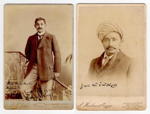 Kumar Shri Ranjitsinhji. Sussex & England. 1895-1920. Excellent sepia cabinet card photograph of Ranjitsinhji, three quarter length, in formal attire holding a cricket bat to side. Cabinet card by R.H. Lord of Cambridge, nicely signed in black ink in by R