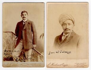 Kumar Shri Ranjitsinhji. Sussex & England. 1895-1920. Excellent sepia cabinet card photograph of Ranjitsinhji, three quarter length, in formal attire holding a cricket bat to side. Cabinet card by R.H. Lord of Cambridge, nicely signed in black ink in by R