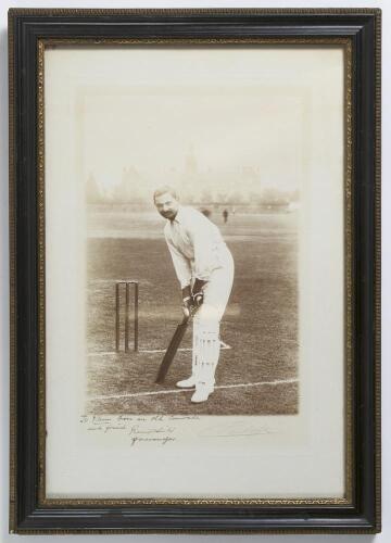 Kumar Shri Ranjitsinhji. Cambridge University, Sussex, London County & England 1893-1920. Excellent original sepia photograph of Ranjitsinhji standing full length in batting pose at the wicket. The photograph with official blind embossed stamp for Vandyk 