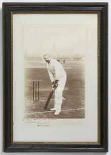 Kumar Shri Ranjitsinhji. Cambridge University, Sussex, London County & England 1893-1920. Excellent original sepia photograph of Ranjitsinhji standing full length in batting pose at the wicket. The photograph with official blind embossed stamp for Vandyk 