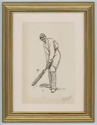 Kumar Shri Ranjitsinhji. Sussex, Cambridge University & England 1893-1920. Original pen and ink drawing of Ranji in batting pose wearing a cricket cap. Signed by the artist, F. Taylor. Approx 5&rdquo;x8&rdquo;. Framed and glazed overall 9&rdquo;x11.5&rdquo;. Excellent image. Ve