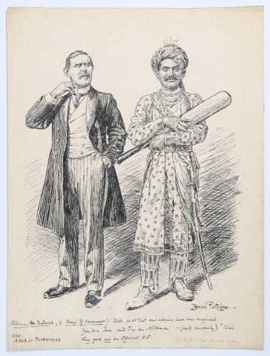 Kumar Shri Ranjitsinhji. Cambridge University, Sussex, London County & England 1893-1920. Original pen and ink artwork on card for a cartoon printed and published in Punch in the 20th March 1907 issue. The cartoon depicts Ranji standing full length wearin