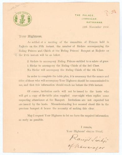 Kumar Shri Ranjitsinhji. Cambridge University, Sussex, London County & England 1893-1920. Original single page printed folding letter dated 12th November 1924, sent out to the &lsquo;Ruling Princes and Chiefs&rsquo; that had been invited to attend the &lsquo;Ruling Princes