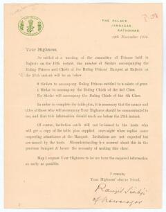 Kumar Shri Ranjitsinhji. Cambridge University, Sussex, London County & England 1893-1920. Original single page printed folding letter dated 12th November 1924, sent out to the &lsquo;Ruling Princes and Chiefs&rsquo; that had been invited to attend the &lsquo;Ruling Princes