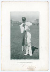 Kumar Shri Ranjitsinhji. Cambridge University, Sussex, London County & England 1893-1920. Bookplate photograph of Ranjitsinhji in batting pose &lsquo;Playing Back&rsquo; wearing Sussex cap, nicely signed in ink to lower border by Ranjitsinhji. Bookplate taken from th