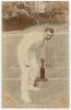 Kumar Shri Ranjitsinhji. Cambridge University, Sussex, London County & England 1893-1920. Early sepia real photograph postcard of Ranji full length at the wicket in unusual batting pose making his ground. Printed title &lsquo;Ranjitsinhji&rsquo;. E. Hawkins & Co. of 