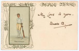 Kumar Shri Ranjitsinhji. Cambridge University, Sussex, London County & England 1893-1920. Rare colour postcard of Vanity Fair image of Ranjitsinhji with floral decoration in gold. Stewart and Woolf, London, series 102. Handwritten greeting in ink to front